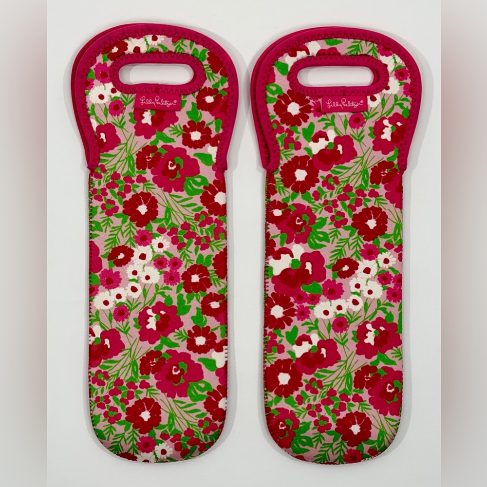 Lilly Pulitzer Wine Tote Bags Set of 2 Pink Green Floral Insulated Neoprene New